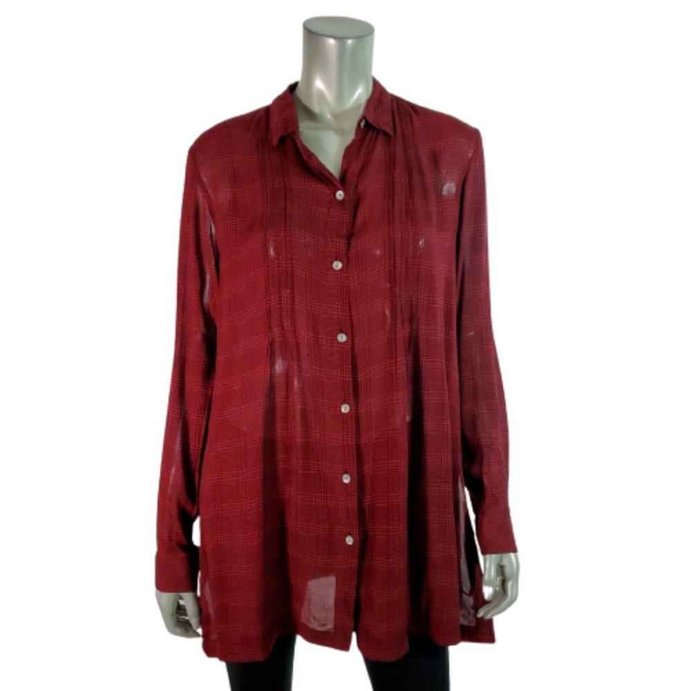 J. Jill Womens Shirt Top Size S Tunic Side Slits Sheer Plaid Button Down Red NWT